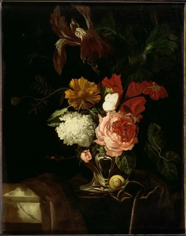 Natura morta con fiori, farfalla e lumaca